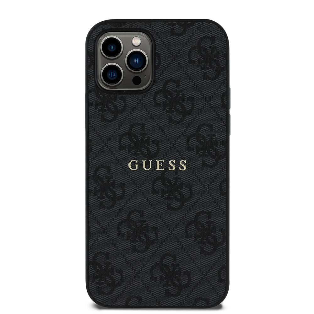 Apple iPhone 12 Pro Case Guess Original Licensed M-safe Charging Feature 4G Pattern Text Logo Cover Black