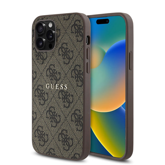 Apple iPhone 12 Pro Case Guess Original Licensed M-safe Charging Feature 4G Pattern Text Logo Cover Brown