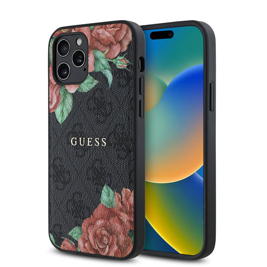 Apple iPhone 12 Pro Case Guess Original Licensed M-safe Charging Feature Rose Printed 4G Patterned Text Logo Cover Black