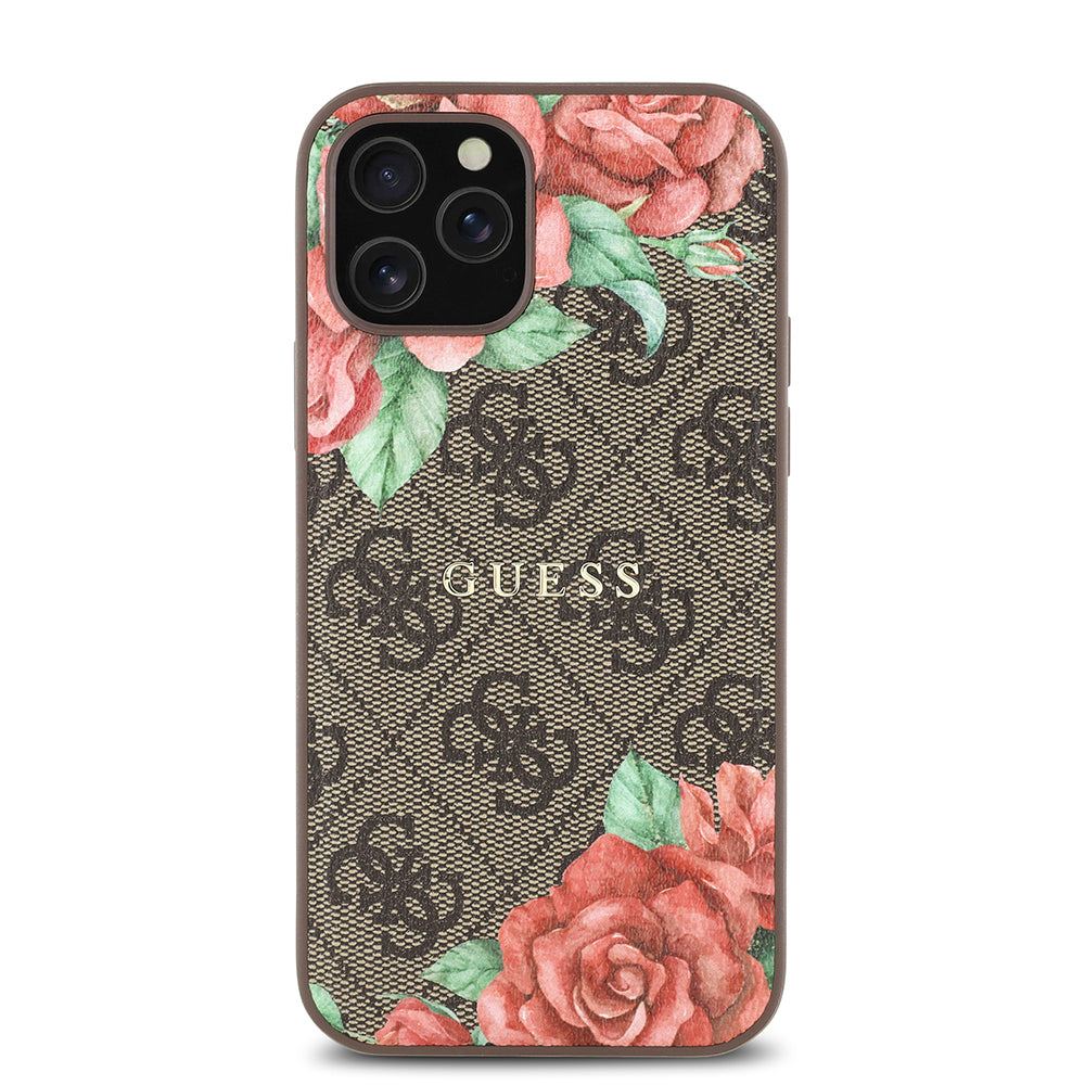 Apple iPhone 12 Pro Case Guess Original Licensed M-safe Charging Feature Rose Printed 4G Patterned Text Logo Cover Brown