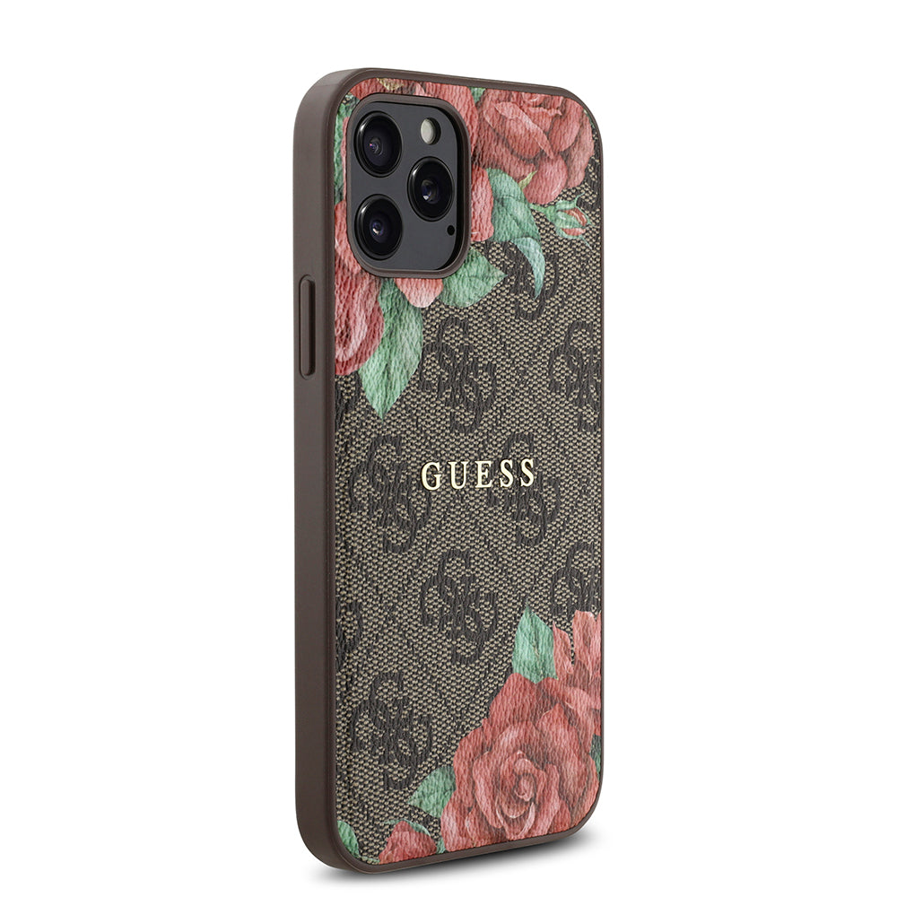 Apple iPhone 12 Pro Case Guess Original Licensed M-safe Charging Feature Rose Printed 4G Patterned Text Logo Cover Brown
