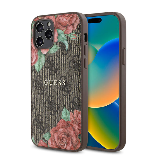 Apple iPhone 12 Pro Case Guess Original Licensed M-safe Charging Feature Rose Printed 4G Patterned Text Logo Cover Brown