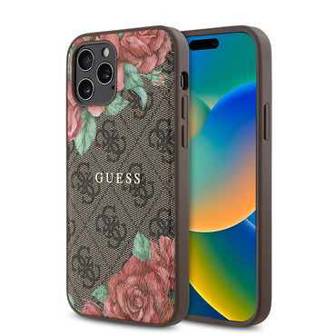 Apple iPhone 12 Pro Case Guess Original Licensed M-safe Charging Feature Rose Printed 4G Patterned Text Logo Cover Black