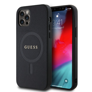 Apple iPhone 12 Pro Case Guess Original Licensed M-safe Charging Feature Saffiano Classic Cover Black with Text Logo