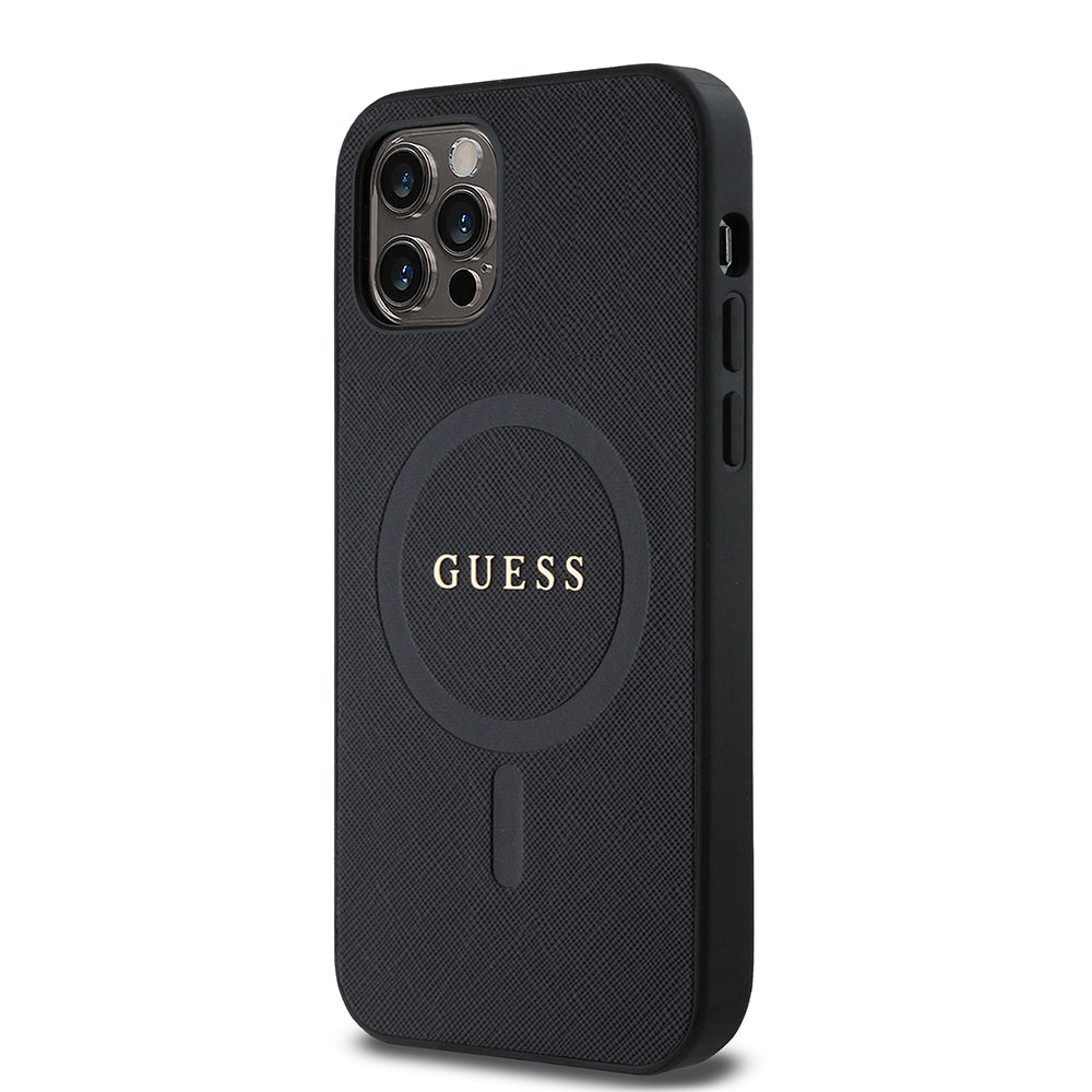 Apple iPhone 12 Pro Case Guess Original Licensed M-safe Charging Feature Saffiano Classic Cover Black with Text Logo