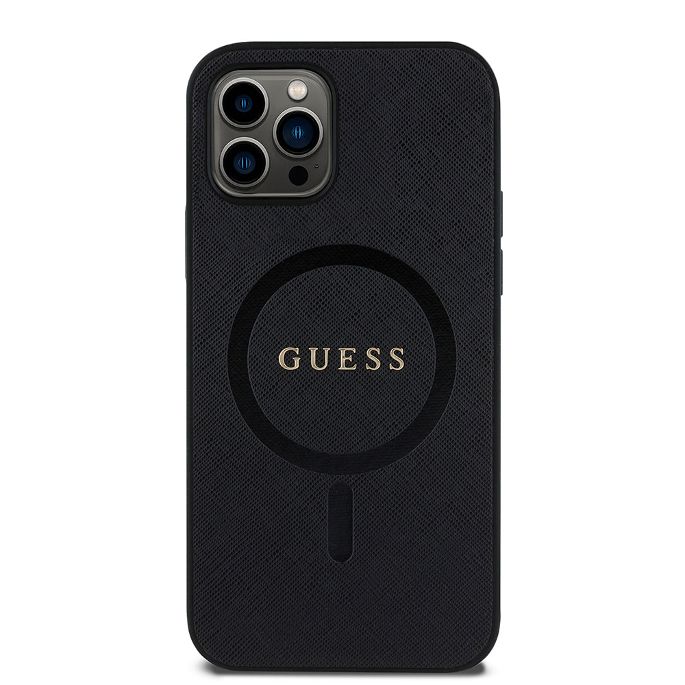Apple iPhone 12 Pro Case Guess Original Licensed M-safe Charging Feature Saffiano Classic Cover Black with Text Logo