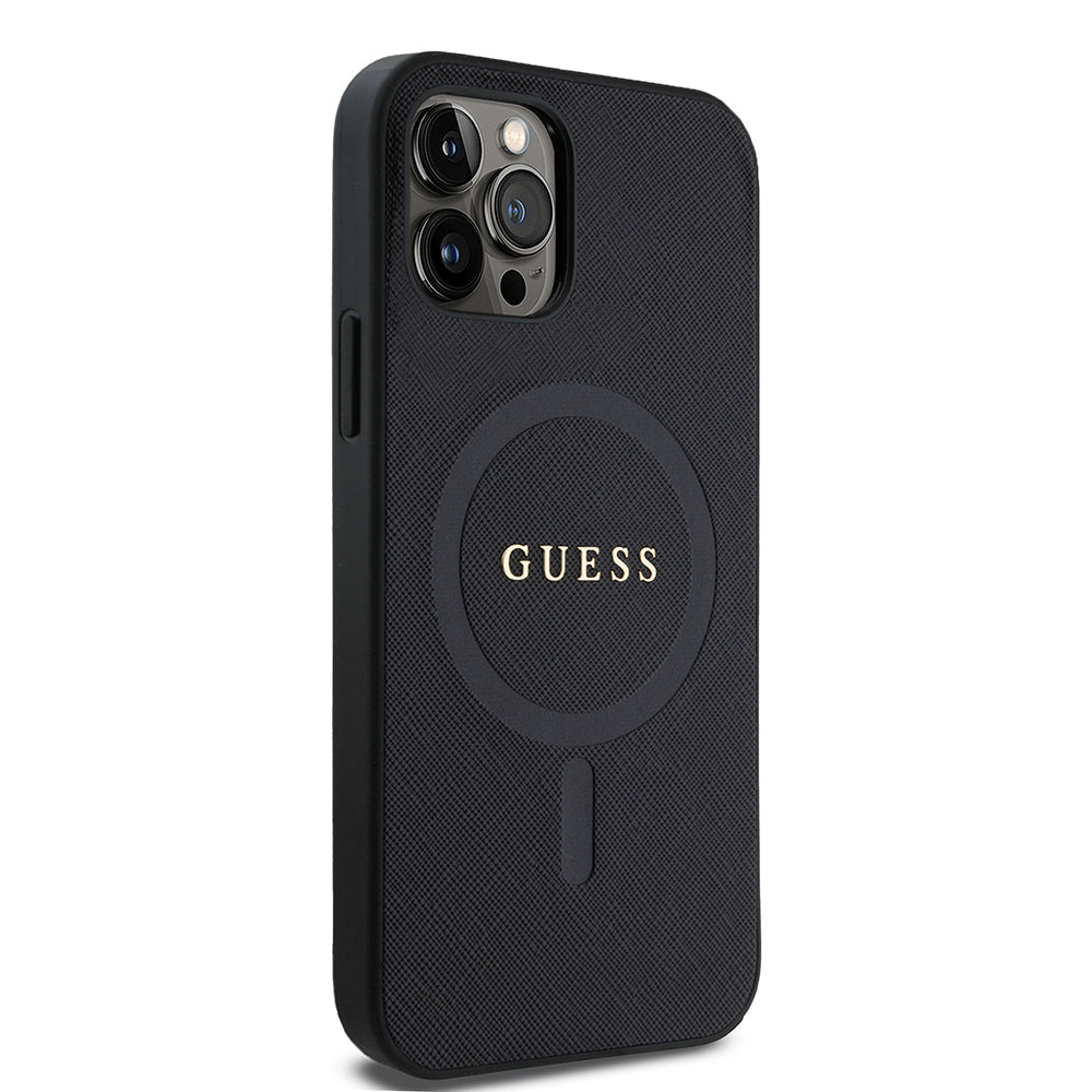 Apple iPhone 12 Pro Case Guess Original Licensed M-safe Charging Feature Saffiano Classic Cover Black with Text Logo