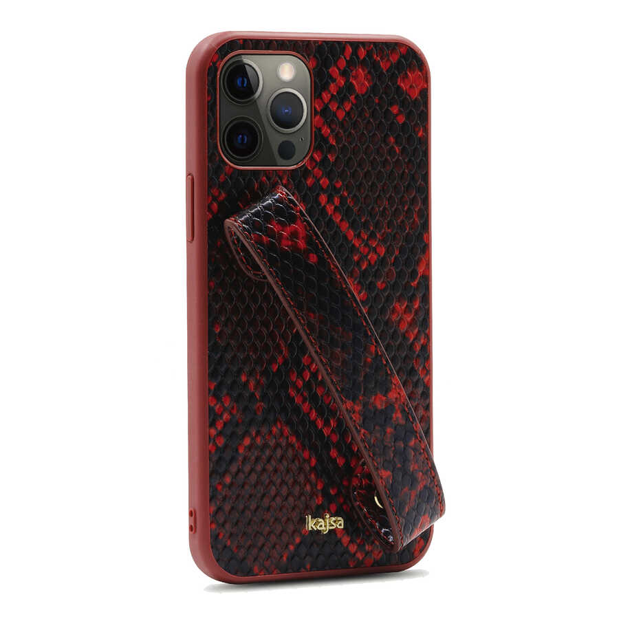 Apple iPhone 12 Pro Kılıf Kajsa Glamorous Serisi Snake Handstrap Kapak Kırmızı