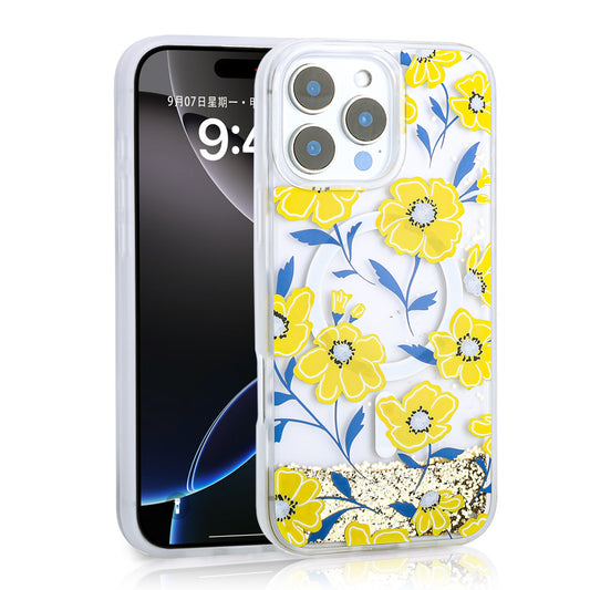 Apple iPhone 12 Pro Case Liquid Glitter Printed Transparent Back Surface Zore Mossa Silicone Cover Yellow 