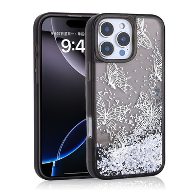 Apple iPhone 12 Pro Case Liquid Glitter Butterfly Printed Transparent Back Surface Zore Glis Silicone Cover Black 