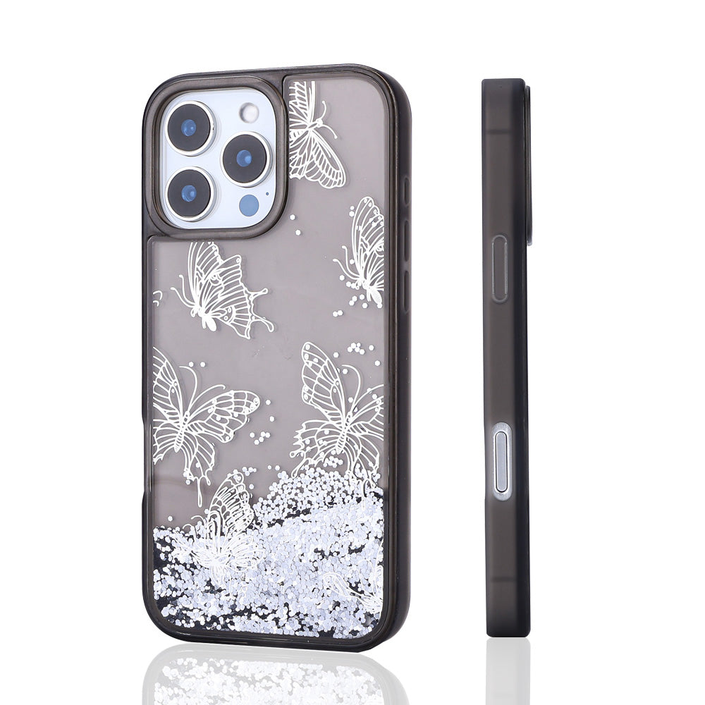 Apple iPhone 12 Pro Case Liquid Glitter Butterfly Printed Transparent Back Surface Zore Glis Silicone Cover Black 