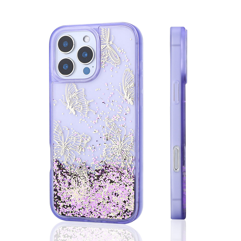 Apple iPhone 12 Pro Case Liquid Glitter Butterfly Printed Transparent Back Surface Zore Glis Silicone Cover Black 