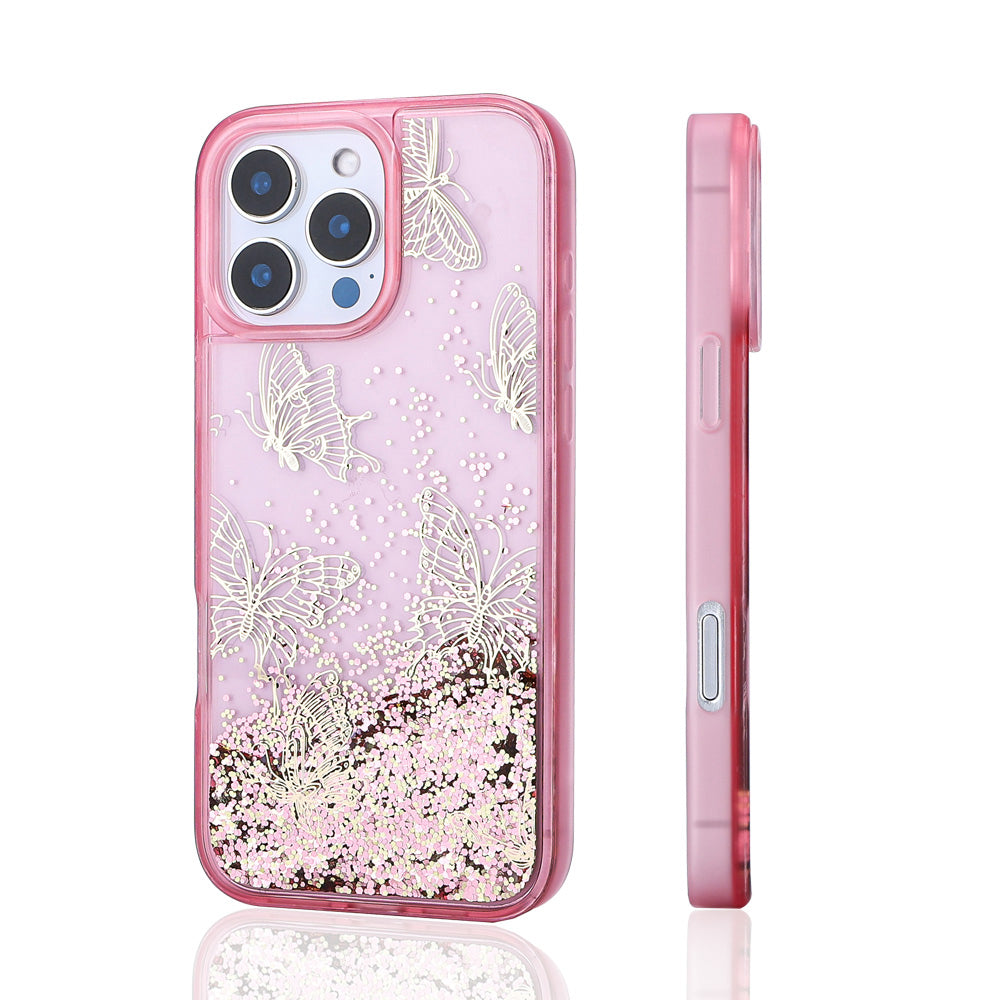 Apple iPhone 12 Pro Case Liquid Glitter Butterfly Printed Transparent Back Surface Zore Glis Silicone Cover Black 