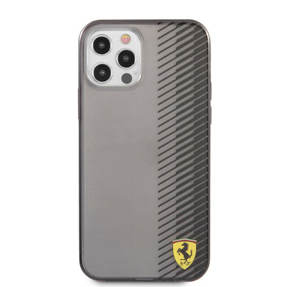 Apple iPhone 12 Pro Max Kılıf Ferrari Orjinal Lisanlı Klasik Metal Logolu Transparan Çizgi Desenli Gradient Kapak Siyah