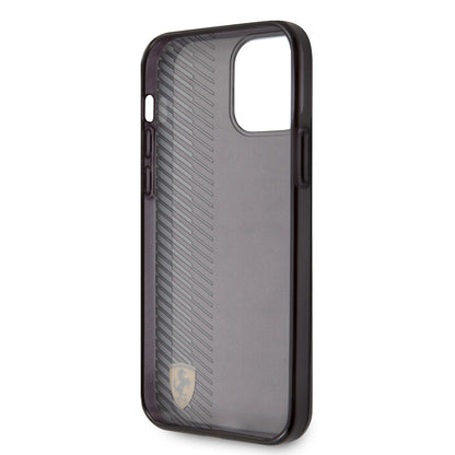 Apple iPhone 12 Pro Max Kılıf Ferrari Orjinal Lisanlı Klasik Metal Logolu Transparan Çizgi Desenli Gradient Kapak Siyah