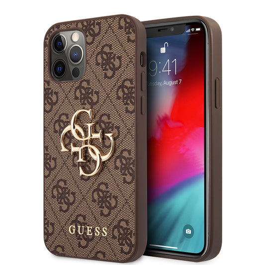 Apple iPhone 12 Pro Max Case Guess Original Licensed PU Leather Large Metal Logo Design Cover Brown
