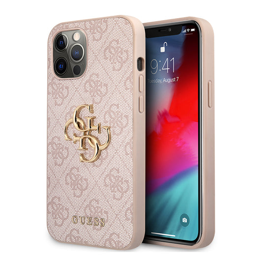 Apple iPhone 12 Pro Max Case Guess Original Licensed PU Leather Large Metal Logo Design Cover Pink