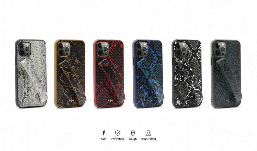 Apple iPhone 12 Pro Max Kılıf Kajsa Glamorous Serisi Snake Handstrap Kapak Sarı
