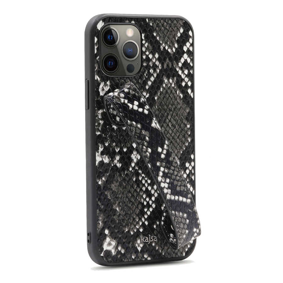 Apple iPhone 12 Pro Max Kılıf Kajsa Glamorous Serisi Snake Handstrap Kapak Siyah