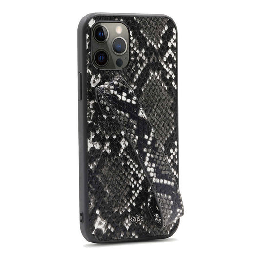Apple iPhone 12 Pro Max Kılıf Kajsa Glamorous Serisi Snake Handstrap Kapak Siyah