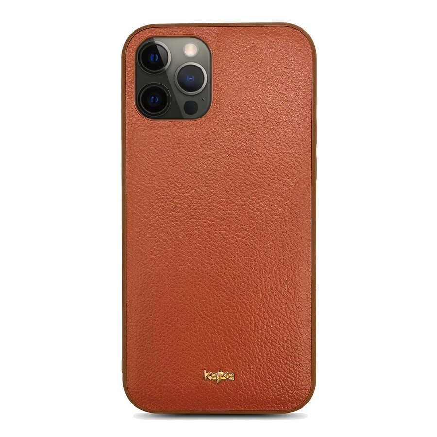 Apple iPhone 12 Pro Max Kılıf Kajsa Luxe Collection Hakiki Deri Kapak Kahverengi
