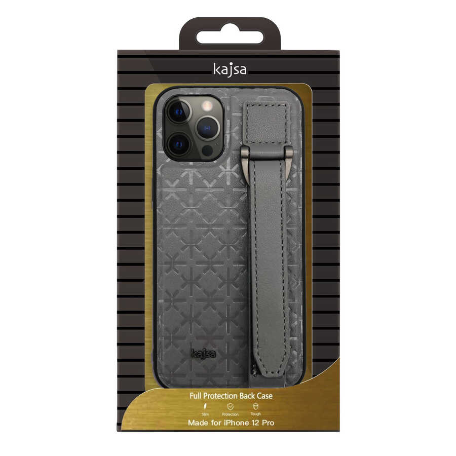 Apple iPhone 12 Pro Max Kılıf Kajsa Neo Clasic Serisi Mono K Strap Kapak Gri