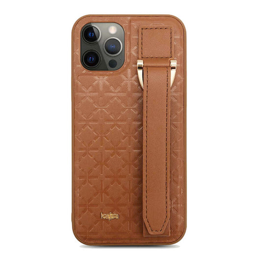 Apple iPhone 12 Pro Max Kılıf Kajsa Neo Clasic Serisi Mono K Strap Kapak Kahverengi