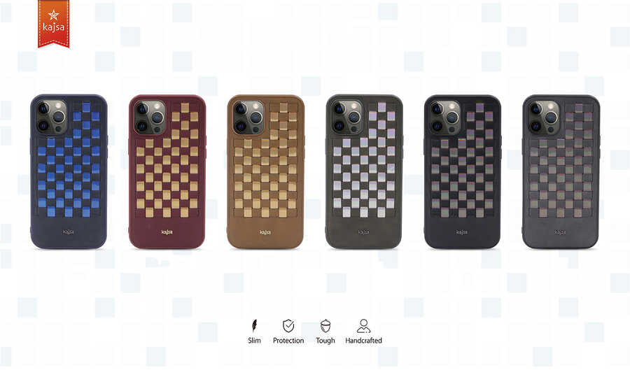 Apple iPhone 12 Pro Max Kılıf Kajsa Preppie Serisi Spotlight Woven Kapak Mavi