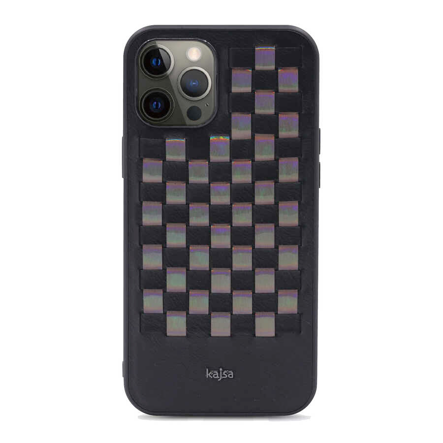 Apple iPhone 12 Pro Max Kılıf Kajsa Preppie Serisi Spotlight Woven Kapak Siyah