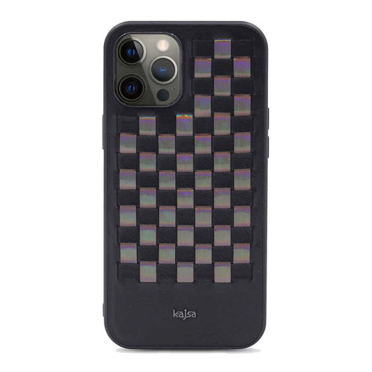 Apple iPhone 12 Pro Max Kılıf Kajsa Preppie Serisi Spotlight Woven Kapak Siyah