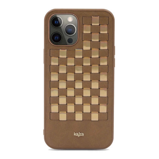 Apple iPhone 12 Pro Max Kılıf Kajsa Preppie Serisi Spotlight Woven Kapak Gold