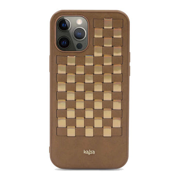 Apple iPhone 12 Pro Max Kılıf Kajsa Preppie Serisi Spotlight Woven Kapak Gold