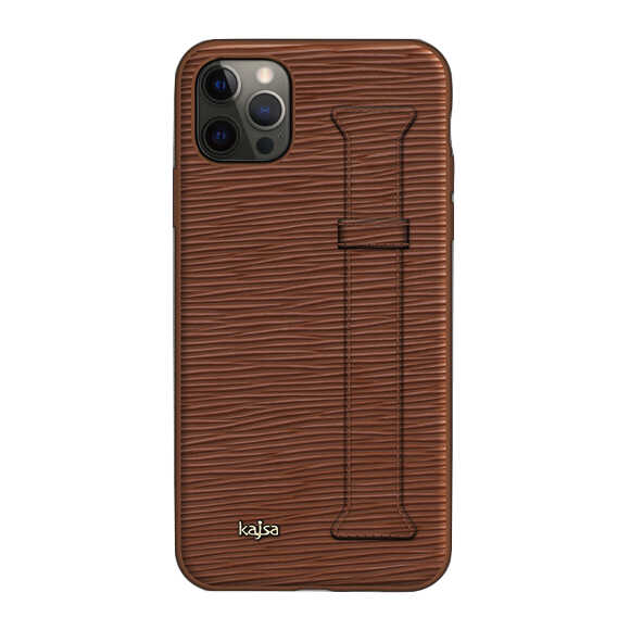 Apple iPhone 12 Pro Max Kılıf Kajsa Wave Pattern Handstrap Kapak Kahverengi
