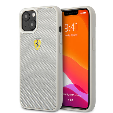Apple iPhone 13 Kılıf Ferrari Orjinal Lisanlı Klasik Metal Logolu Karbon Dizayn Kapak Gümüş