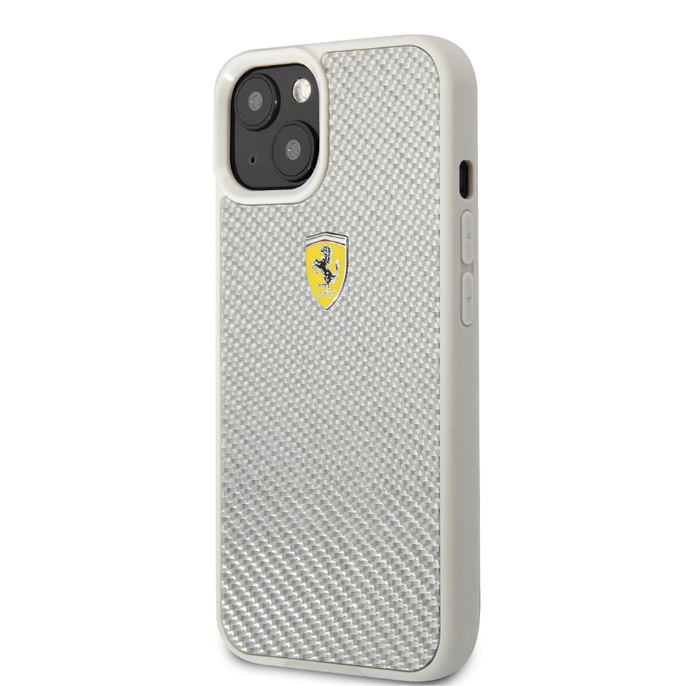 Apple iPhone 13 Kılıf Ferrari Orjinal Lisanlı Klasik Metal Logolu Karbon Dizayn Kapak Gümüş