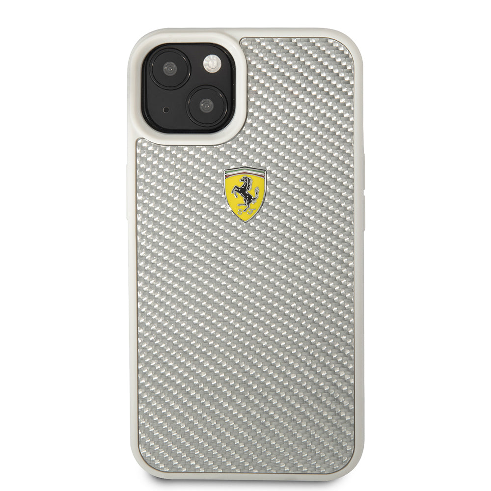 Apple iPhone 13 Kılıf Ferrari Orjinal Lisanlı Klasik Metal Logolu Karbon Dizayn Kapak Gümüş