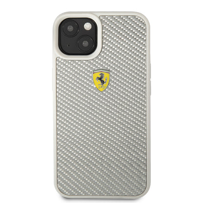 Apple iPhone 13 Kılıf Ferrari Orjinal Lisanlı Klasik Metal Logolu Karbon Dizayn Kapak Gümüş