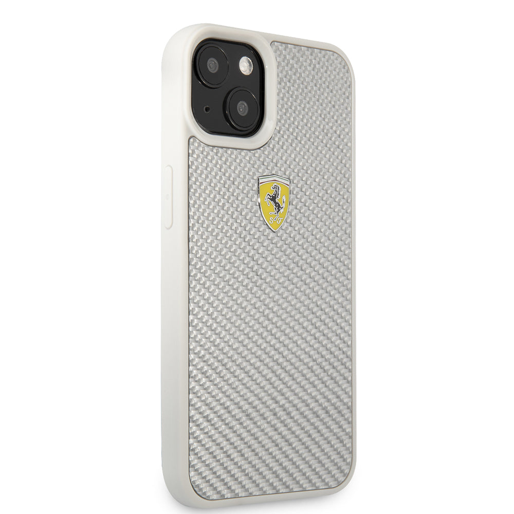 Apple iPhone 13 Kılıf Ferrari Orjinal Lisanlı Klasik Metal Logolu Karbon Dizayn Kapak Gümüş
