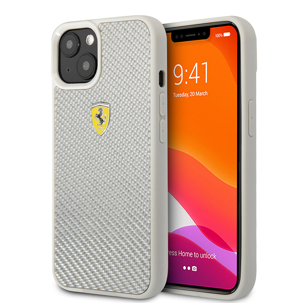 Apple iPhone 13 Kılıf Ferrari Orjinal Lisanlı Klasik Metal Logolu Karbon Dizayn Kapak Gümüş