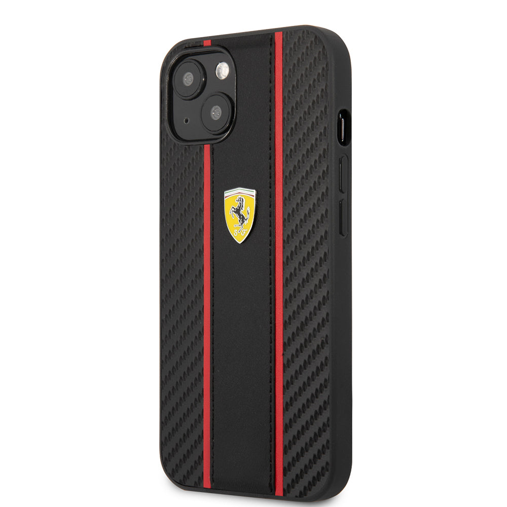 Apple iPhone 13 Kılıf Ferrari Orjinal Lisanslı PU Deri Ve Karbon Dizayn Kapak Siyah