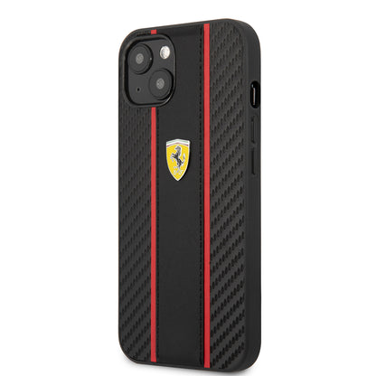 Apple iPhone 13 Kılıf Ferrari Orjinal Lisanslı PU Deri Ve Karbon Dizayn Kapak Siyah