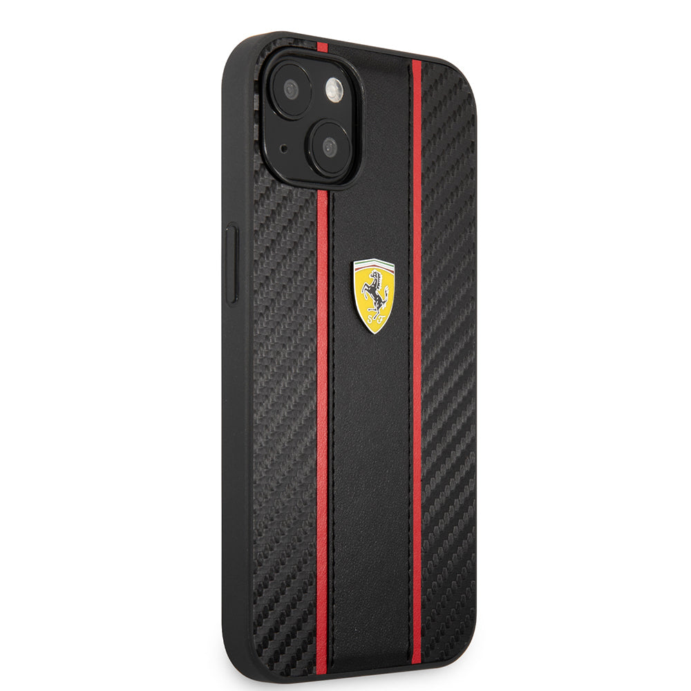 Apple iPhone 13 Kılıf Ferrari Orjinal Lisanslı PU Deri Ve Karbon Dizayn Kapak Siyah