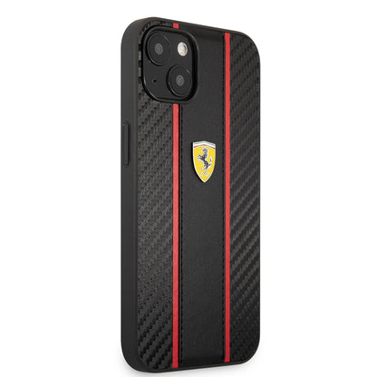 Apple iPhone 13 Kılıf Ferrari Orjinal Lisanslı PU Deri Ve Karbon Dizayn Kapak Siyah