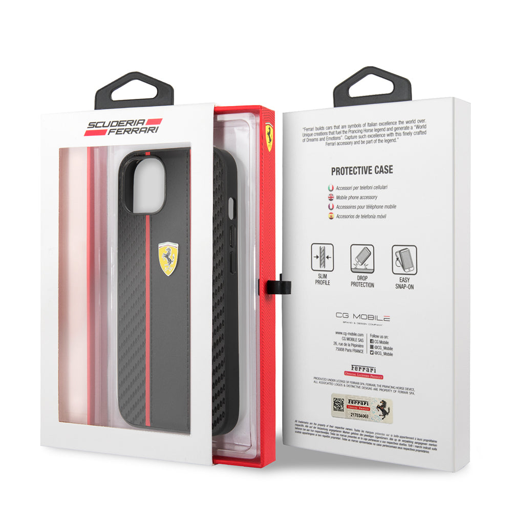Apple iPhone 13 Kılıf Ferrari Orjinal Lisanslı PU Deri Ve Karbon Dizayn Kapak Siyah