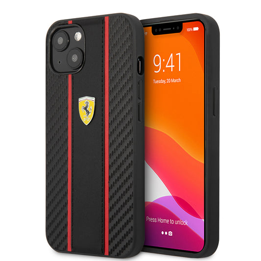 Apple iPhone 13 Kılıf Ferrari Orjinal Lisanslı PU Deri Ve Karbon Dizayn Kapak Siyah