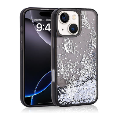 Apple iPhone 13 Case Liquid Glitter Butterfly Printed Transparent Back Surface Zore Glis Silicone Cover Purple 