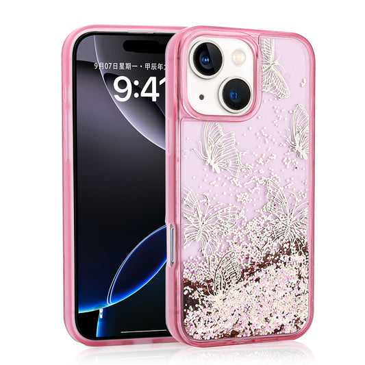 Apple iPhone 13 Case Liquid Glitter Butterfly Printed Transparent Back Surface Zore Glis Silicone Cover Pink 