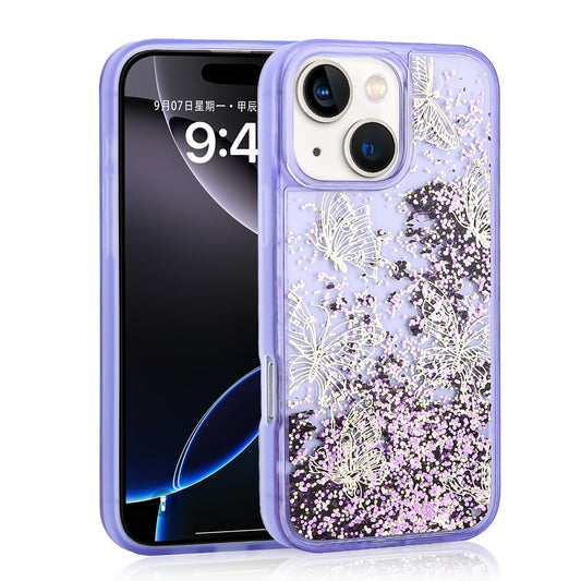 Apple iPhone 13 Case Liquid Glitter Butterfly Printed Transparent Back Surface Zore Glis Silicone Cover Purple 