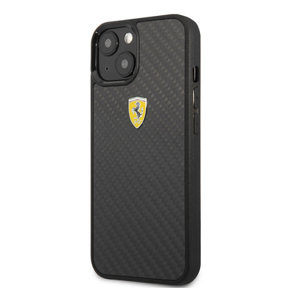 Apple iPhone 13 Mini Kılıf Ferrari Orjinal Lisanlı Klasik Metal Logolu Karbon Dizayn Kapak Siyah