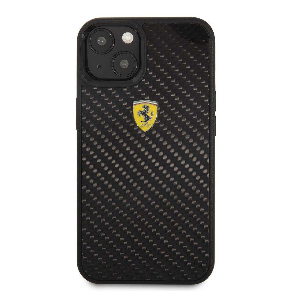 Apple iPhone 13 Mini Kılıf Ferrari Orjinal Lisanlı Klasik Metal Logolu Karbon Dizayn Kapak Siyah